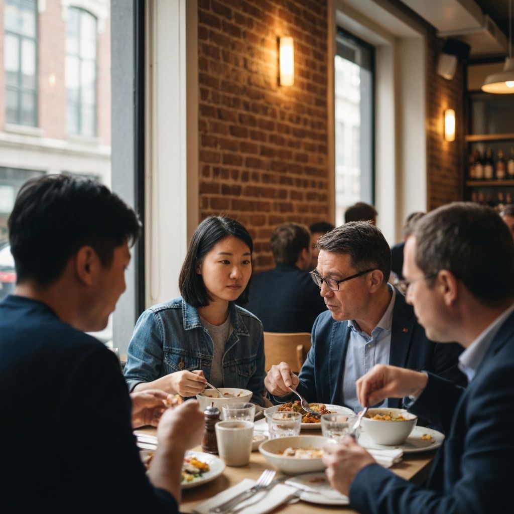 Emberek ebédelnek a város szívében, mindennapi rutinban